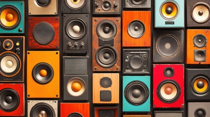 Obraz premium A wall of vintage audio speakers of various sizes and colors. Concept of music, sound, and audio equipment.
