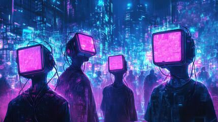 Futuristic cityscape, figures glowing screens for heads, stand neon background. Technology, digital world art, surreal tech ambiance. Atmosphere cyberpunk aesthetic, future virtual reality, modern ai.