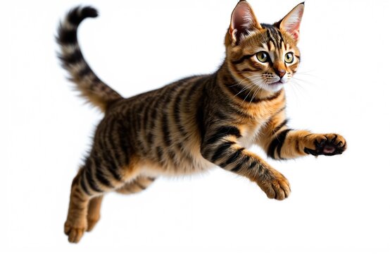 Playful tabby cat jumping in air with striped fur on white background. Active domestic pet mid-air. Agile cute animal leaps up. Isolated cutout feline, mammal with whiskers on fly.