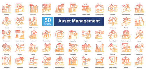 Asset Management icon set in Line Gradient style, featuring 50 icons of finance, investment, maintenance, and sustainability. Perfect for business, corporate strategy, and financial planning.