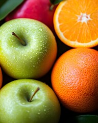 Top view of Apple and Orange, perfect round apple with shiny skin, while bright orange forms a fresh orange circle, both display natural appeal that is attractive to eat