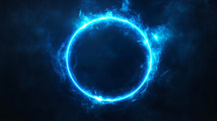 Fototapeta premium Neon light flare circles on black background. Vector realistic illustration of round blue lines glowing in darkness, lens refraction, shiny halo, futuristic teleport, sparkling space galaxy portal