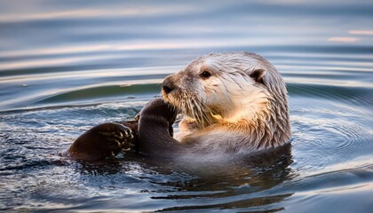 Southern Sea Otter Grooming in Morro Bay, California Playful Enhydra lutris nereis at Sunrise, Captured with Calm Waters and Coastal Mood, Perfect for Digital Art or Home Decor.