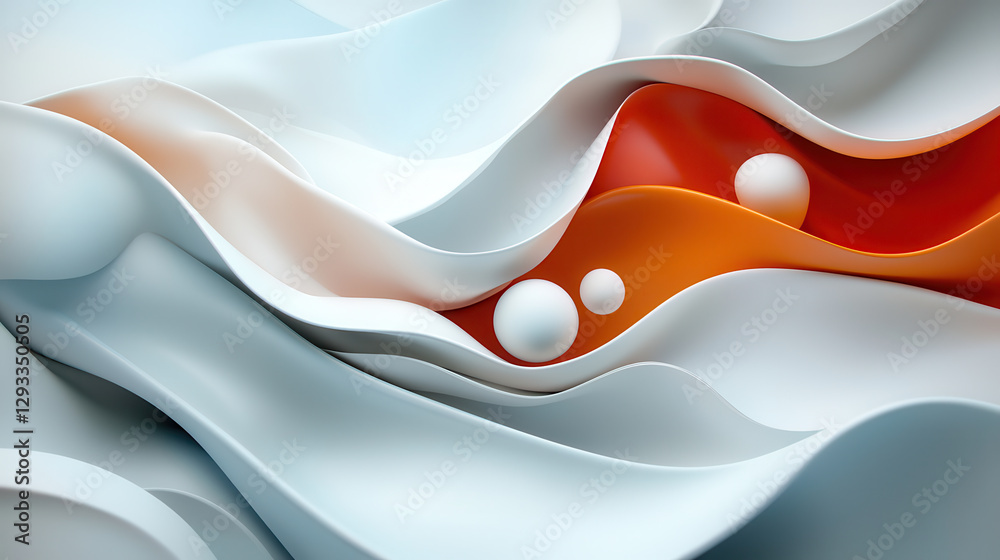 Aufkleber Undulating geometric layers in sleek design with vibrant orange and white tones create dynamic visual flow, featuring smooth curves and spherical elements