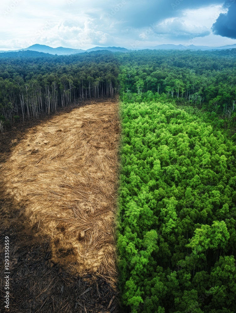 Aufkleber contrasting deforested land and thriving forest highlights urgent need for nature conservation and s
