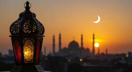 Ramadan Kareem - Arabic Lantern With Crescent Moon - Defocused Mosque On Background At Sunset With Bokeh Lights