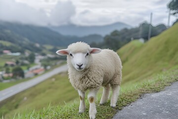 Obraz premium Living Cotton Balls with fluffy fur like clouds, sheep in the Cameron Highlands run around, occasionally turning around with their round, cute eyes
