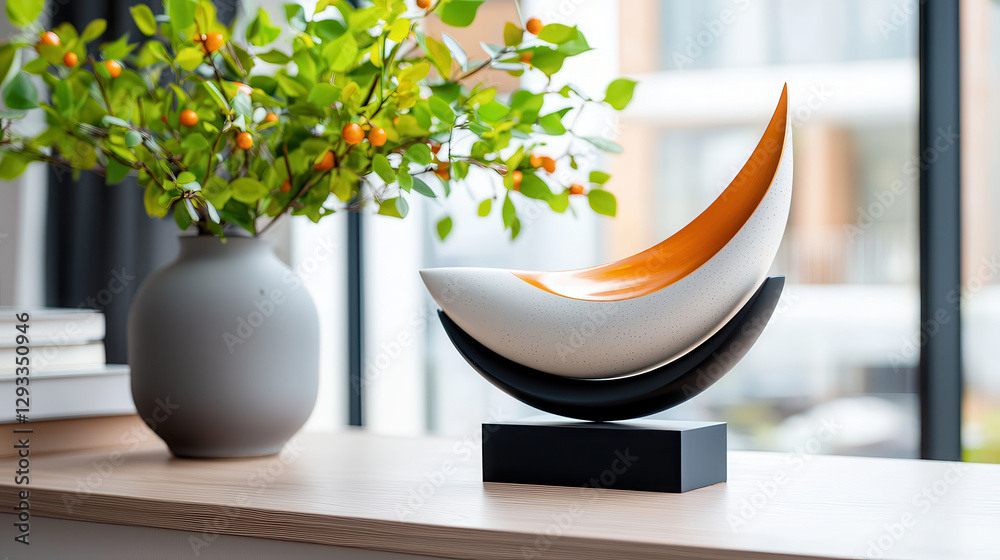 Poster modern abstract sculpture with terrazzo textures and vase with green leaves and orange berries on wo
