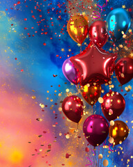Multicolored bright balloons with ribbons, flying confetti, shiny tinsel, festive atmosphere, 3d rendering