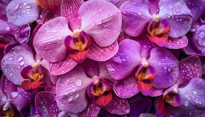 Orchid flowers pattern background. A close-up view of numerous pink and purple orchids with water droplets on their petals, creating a vibrant and fresh appearance. Full screen filled. beauty