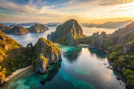 Stunning Aerial Drone Shot of El Nido, Palawan, Philippines: Turquoise Waters & Limestone Cliffs