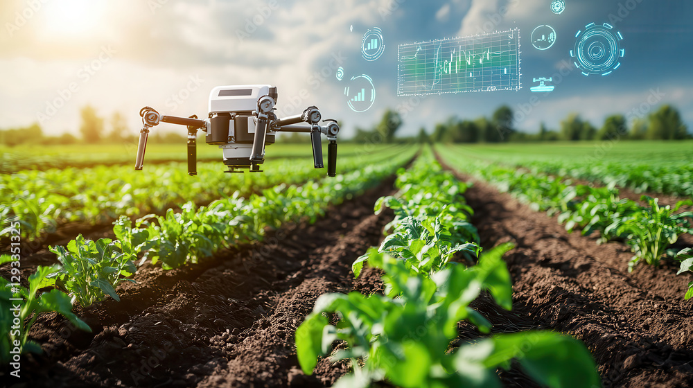 Poster high tech agricultural farm features automated drone monitoring crop growth, with digital data overlays enhancing precision farming. lush green fields stretch into horizon under partly cloudy sky