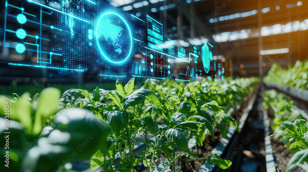 Poster high tech agricultural farm with automated harvesting features rows of vibrant green plants under di