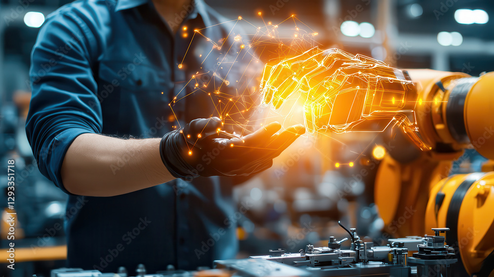 Poster person interacts with robotic arm using AI driven holographic technology in high tech factory, showcasing innovation and advanced manufacturing processes