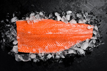 Fresh salmon fillet on ice.