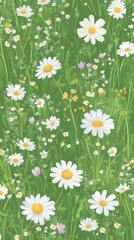 A Delicate Meadow of White Daisies and Wild Flowers