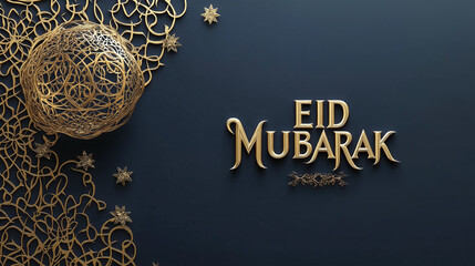 Elegant Eid Mubarak Gold Design Festive Background Luxury Golden Ornate Pattern 3D Render Islamic Celebration Holiday Greeting Card Template Festive Decor  Abstract Art Design Dark Blue Navy Image    