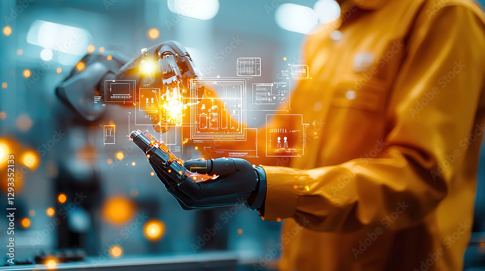 Aufkleber robotic arm in high tech manufacturing plant interacts with digital interfaces, showcasing advanced technology and innovation. scene is vibrant and futuristic
