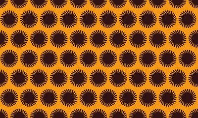 Vibrant abstract pattern featuring repeating dark brown sunburst circles on an orange background.  Perfect for textile design, website backgrounds, or any project needing a bold, geometric aesthetic.