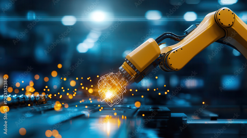Poster robotic arm operates high tech manufacturing plant, utilizing advanced technology to enhance product