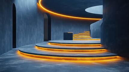 Futuristic concrete steps, glowing interior, architectural design