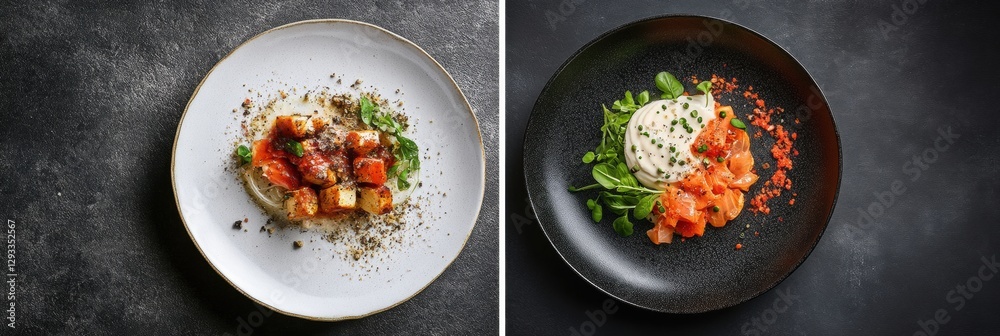 Aufkleber creative culinary presentation featuring intricate dishes with vibrant ingredients in modern plating