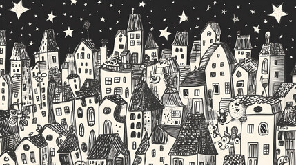 doodle art cityscape with tiny buildings, floating stars, and imaginative creatures peeking from the rooftops 