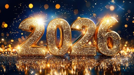 Shimmering glitter and golden text design for the new year 2026 Festive backdrop with sparkling lights confetti and a countdown to the exciting new year ahead