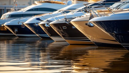 Naklejka premium Luxury Yachts Docked at Marina Reflecting Golden Sunset, Watercraft Gleaming at Harbor Calmly