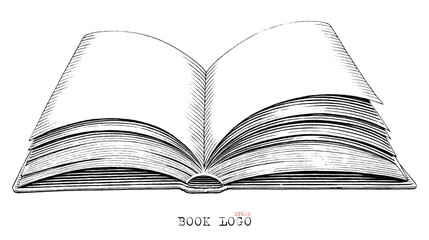 Open book hand draw vintage engraving style black and white clip art isolated on white background