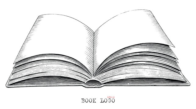 Open book hand draw vintage engraving style black and white clip art isolated on white background