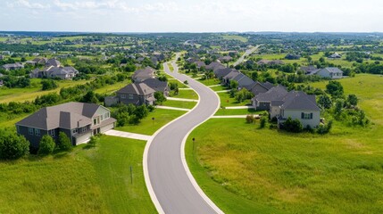 Aerial view of a suburban neighborhood with green lawns and winding streets. Real estate and community concept.