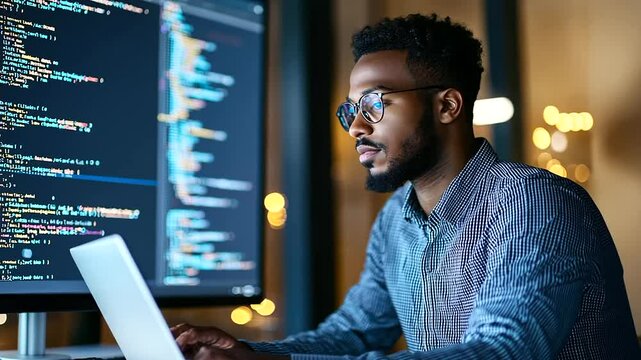 Big Data Developer in a Modern Tech Workspace with Code Structures