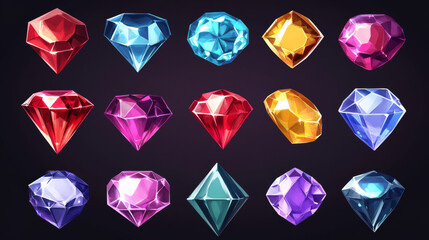 Gem icon set for match 3 game diamond and jewel cartoon vector illustration set. Ruby stone, sapphire, amethyst and crystal button for fantasy app. Square treasure collection for bright interface