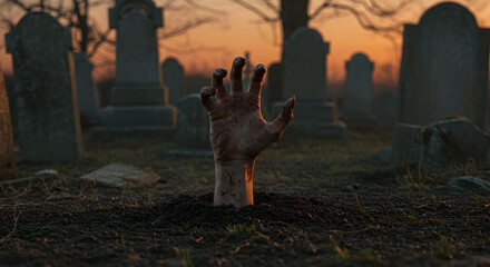 Zombie Hand Rising Out Of A GraveYard
