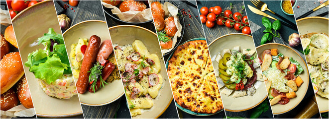 Food for dinner: hot dishes, salads and soups. Photo collage, banner from photos.