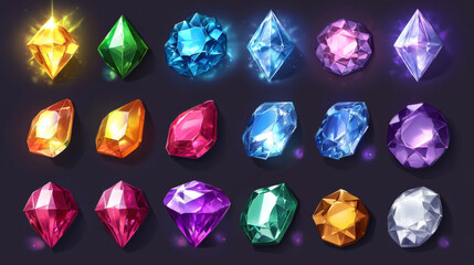 Fototapeta premium Gem icon set for match 3 game diamond and jewel cartoon vector illustration set. Ruby stone, sapphire, amethyst and crystal button for fantasy app. Square treasure collection for bright interface