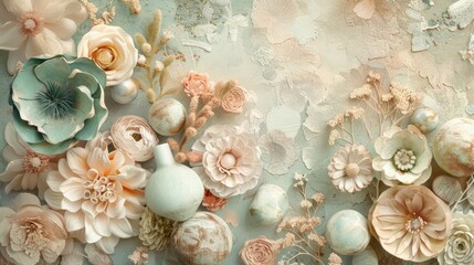 A textured collage of flowers and rounded objects, arranged in a dense and layered format.