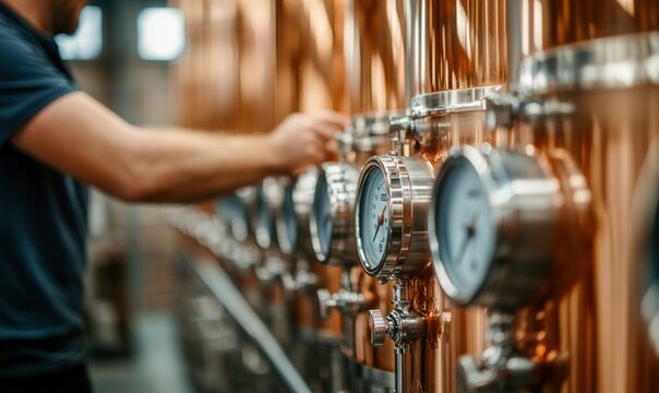 Micro-Distillery in Operation with Copper Stills and Distiller at Work - Powered by Adobe