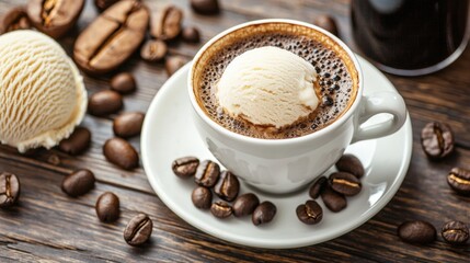 Fototapeta premium Affogato coffee with vanilla ice cream on wooden table. Delicious coffee drink with ice cream.