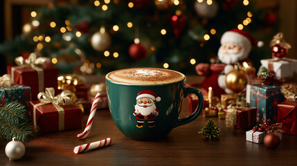 Christmas cappuccino festive holiday coffee Santa mug warm cozy drink cocoa powder whipped cream decorations gifts glowing lights winter celebration seasonal beverage rustic wooden table rich foam