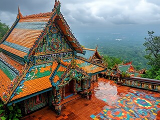 Obraz premium Colorful temple, mountain view, rain, serenity, travel