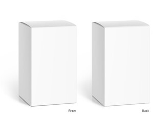 Realistic white closed paperboard box mockup. Front and back views. Vector illustration isolated on white background. Taking your 2D designs into 3D. Can be use for medicine, food, cosmetic. EPS10.