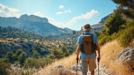 Man hiking mountain trail. Back view of senior man walking in nature. Sunny day hike. Active outdoor lifestyle and healthy journey.