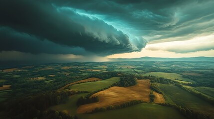 Dramatic storm clouds over lush green fields.