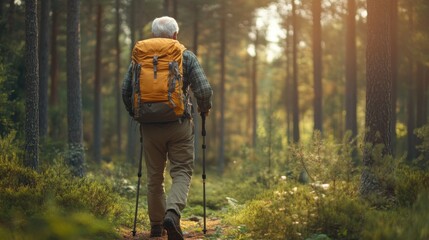 Senior man with backpack walks in green forest. Old hiker outdoors. Person hiking with poles. Nature walk in woods. Active lifestyle concept.