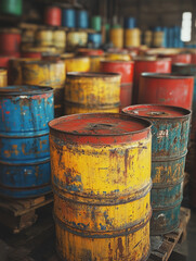 Rusty colorful barrels in an industrial warehouse setting.