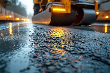 Road construction activity occurring at dusk with a steam roller flattening asphalt in a city setting
