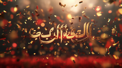 Elegant Golden Arabic Calligraphy Festive Design Red Background Sparkling Confetti Luxury Text Celebration Holiday Greeting Card Digital Art Graphic Design Abstract Background Modern Typography High  