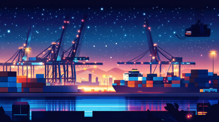 Obraz premium Night port with cargo container and ship vector illustration. Seaport logistic and marine transport and crane light under stars in sky. Freight shipment ocean terminal and warehouse cartoon background